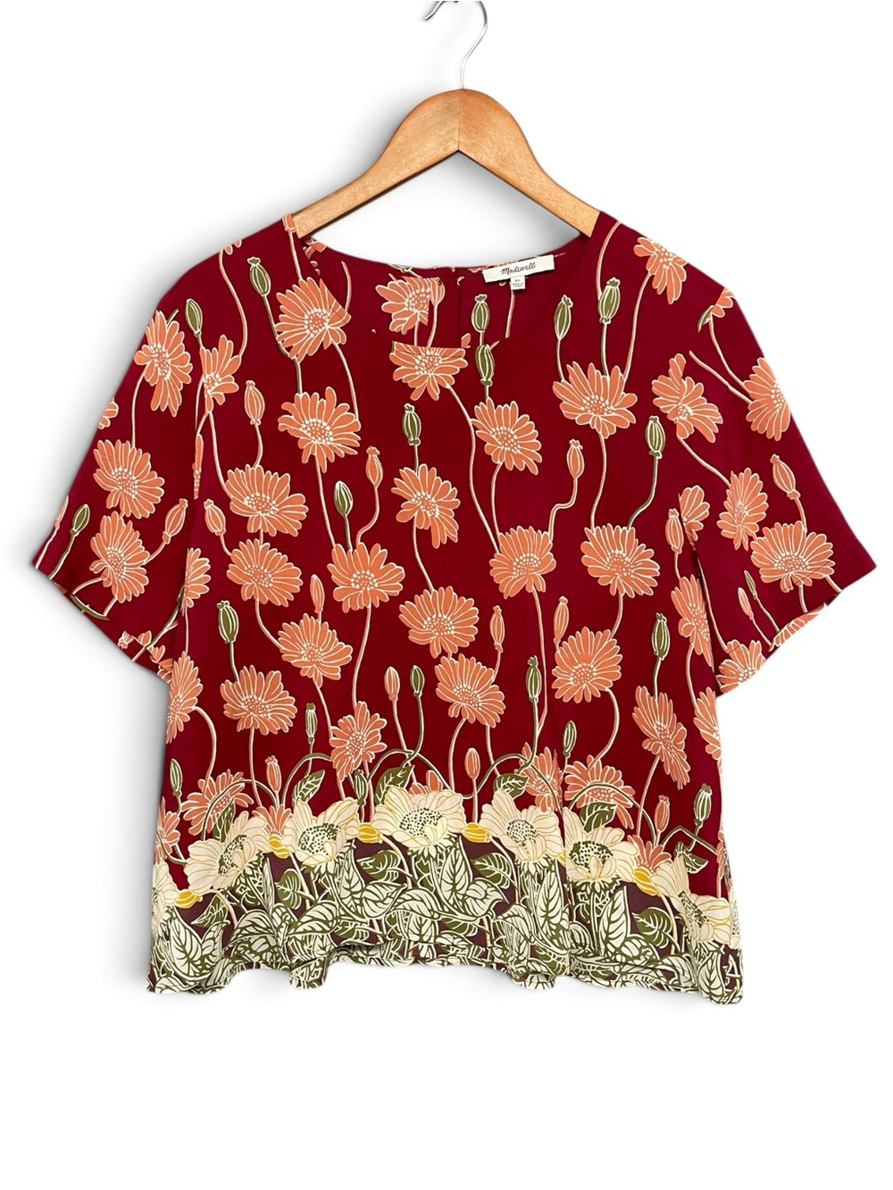 Madewell Silk Button‑Back Pocket Top in Tall Sunflowers Burgundy Size XL